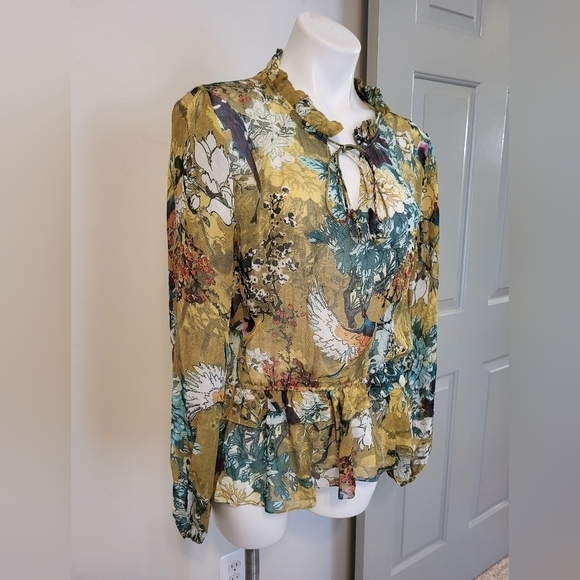 Hemant & Nandita Keystone Silk Blouse Sheer Floral Print Feminine Peplum(L) - Picture 3 of 14